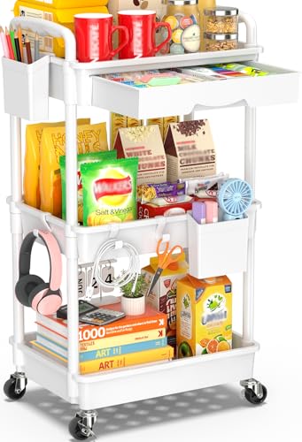 refined SUNALLY 3 Tier Rolling Cart with Drawer, Bathroom Storage Organizer