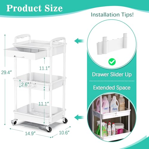 refined SUNALLY 3 Tier Rolling Cart with Drawer, Bathroom Storage Organizer