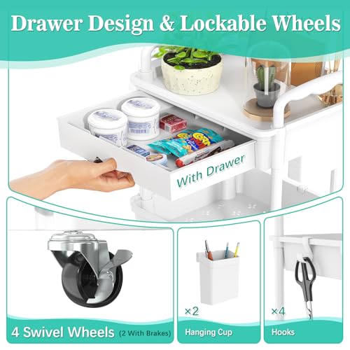 refined SUNALLY 3 Tier Rolling Cart with Drawer, Bathroom Storage Organizer